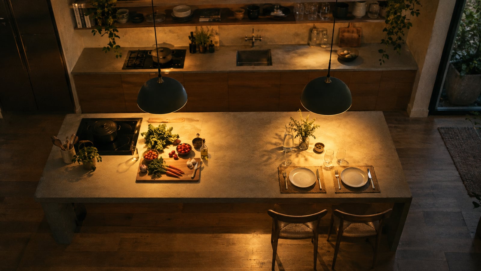 Два подвесных светильника над разными зонами кухонного острова, демонстрирующие правильное расположение источников света